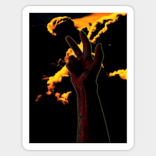 Digital collage and special processing. Hand near clouds. Holy trinity hand gesture. Yellow and orange clouds. Red hand. Sticker